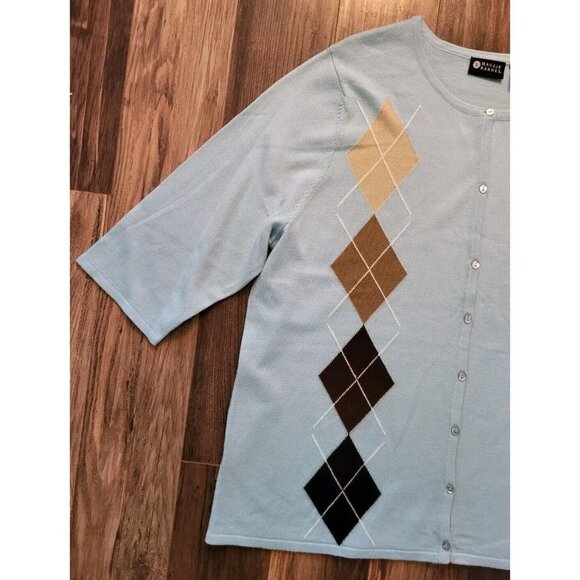 Maggie Barnes Aqua Brown Argyle 3/4 Sleeve Lightweight Cardigan Sweater Sz 1X - Picture 2 of 5